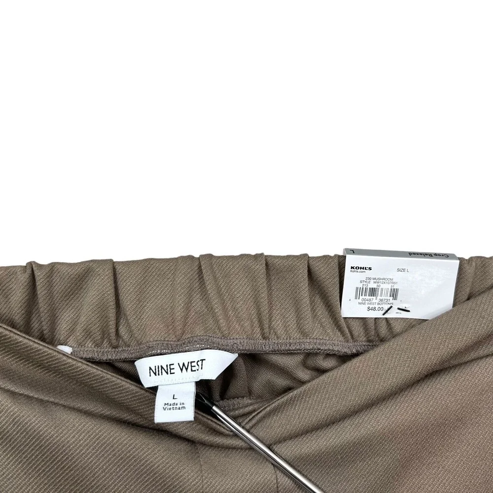 Nine West Womens Crop Pants Relaxed Straight Elastic Waist Flat Pull Up Tan L*